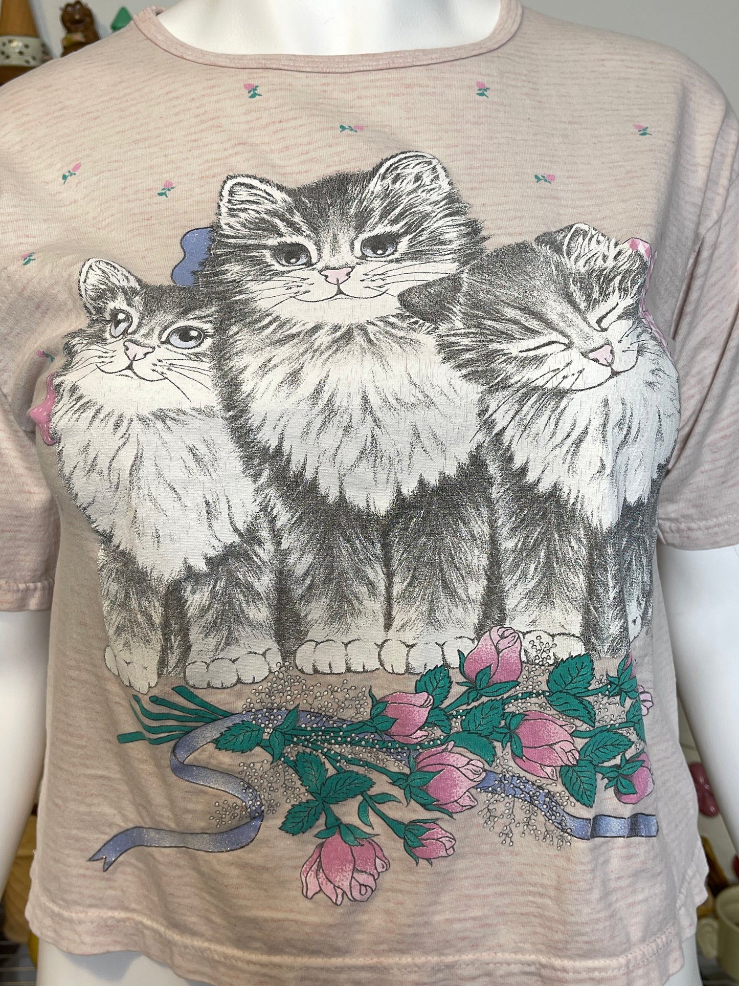 Vintage 90s Pale Pink Striped Kitten Graphic Tee Sz L