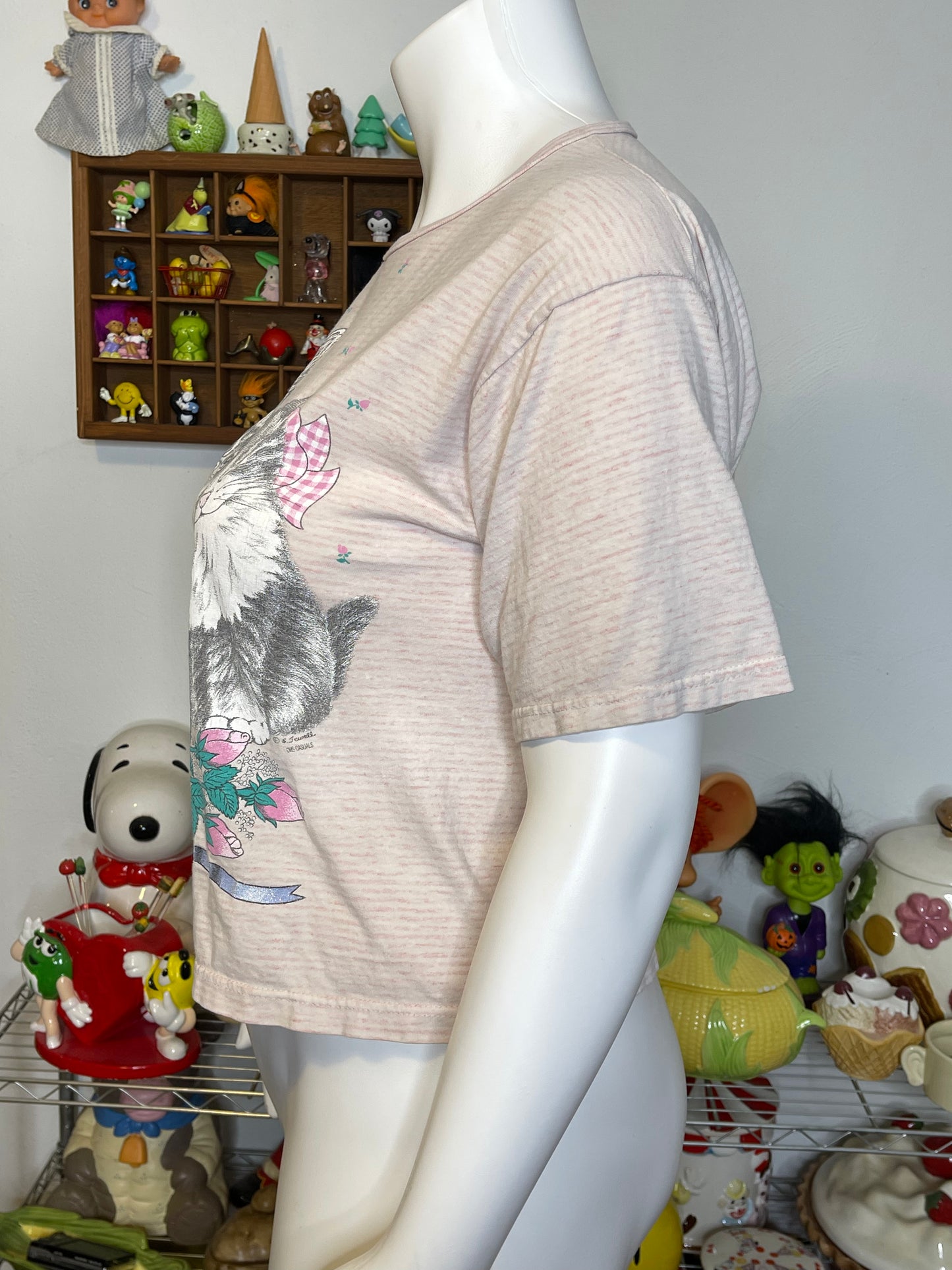 Vintage 90s Pale Pink Striped Kitten Graphic Tee Sz L