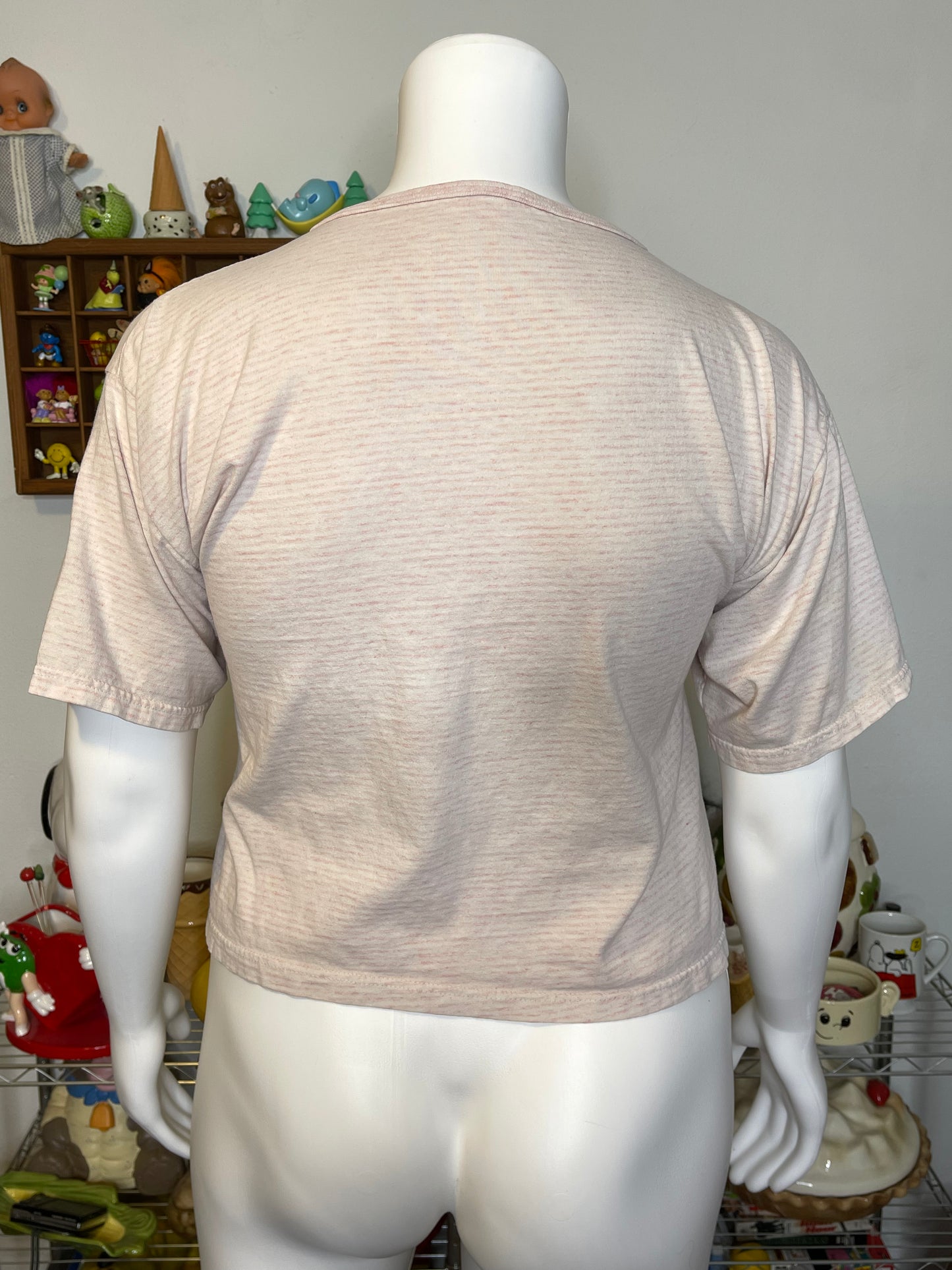 Vintage 90s Pale Pink Striped Kitten Graphic Tee Sz L