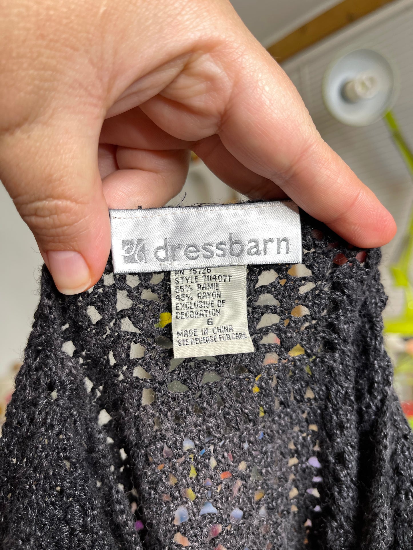 Vintage Black Crochet Flower Embroidered Knit Short Sleeve Cardigan Sz M