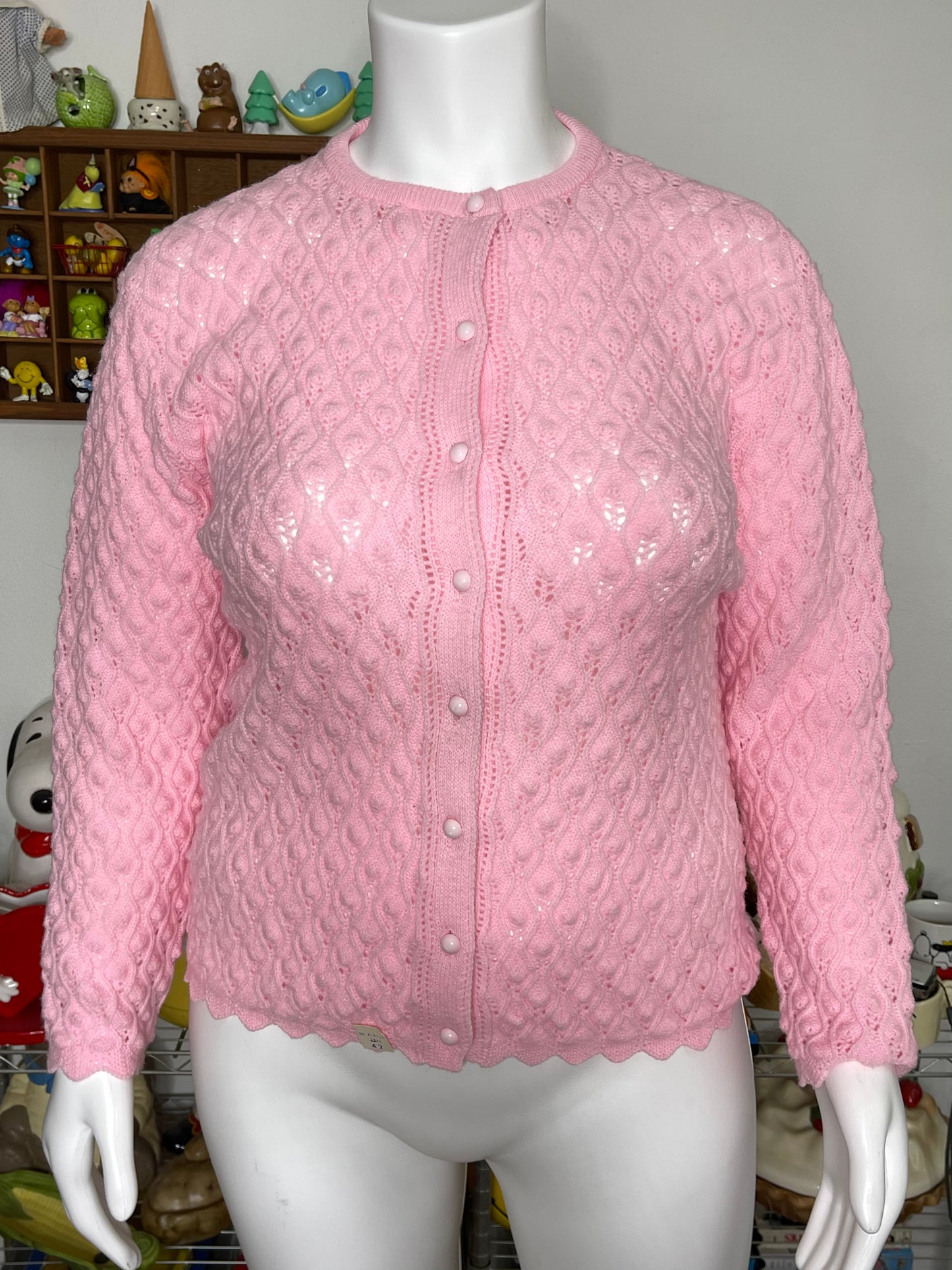 Vintage Deadstock 70s Baby Pink Textured Knit Cardigan Sz L/XL