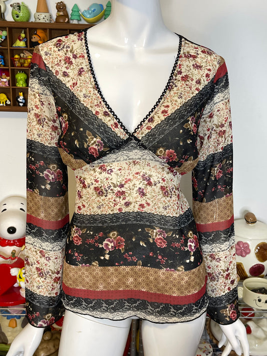 2000s Patchwork Boho Floral Bell Sleeve Top Sz M