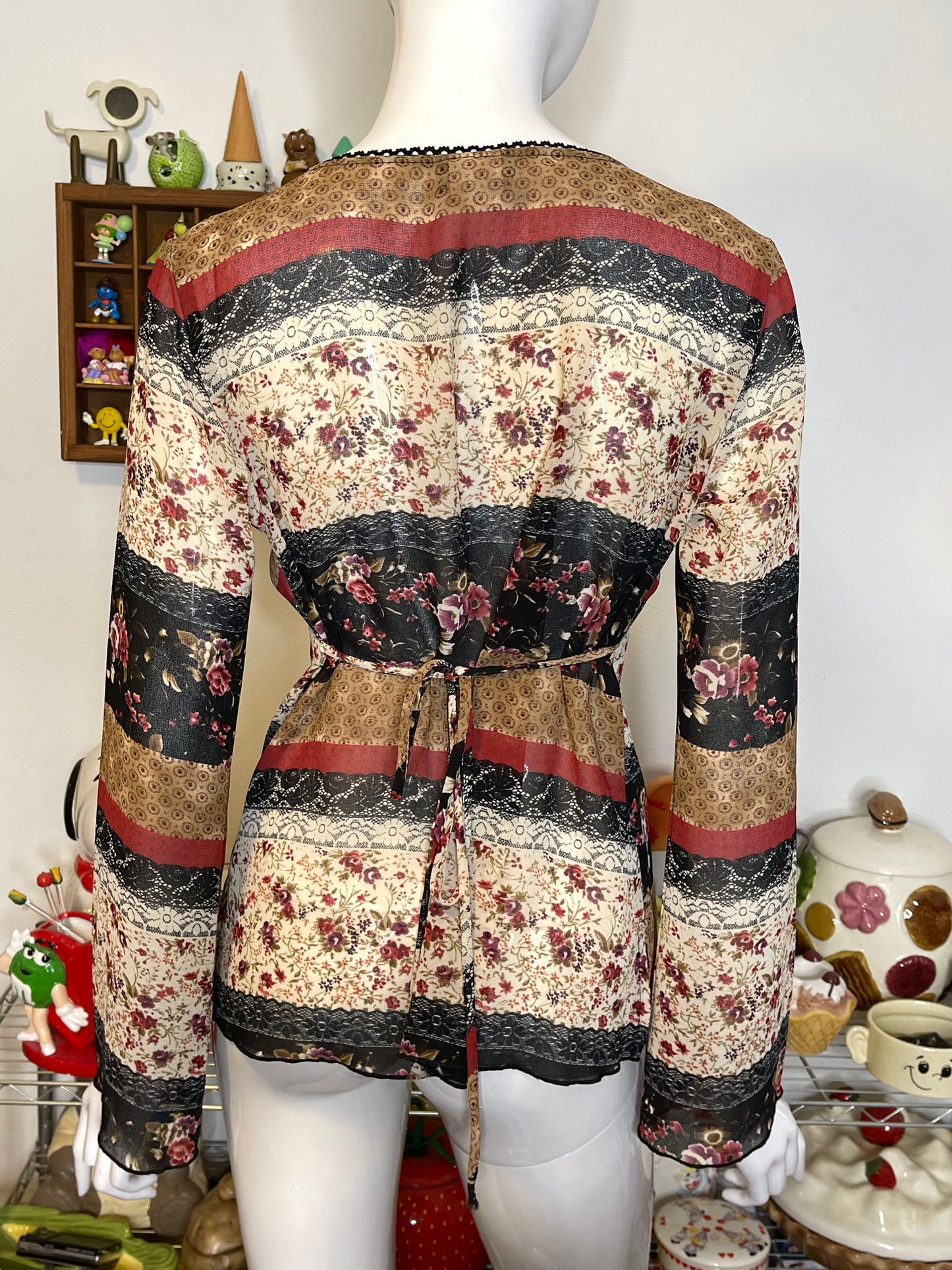 2000s Patchwork Boho Floral Bell Sleeve Top Sz M