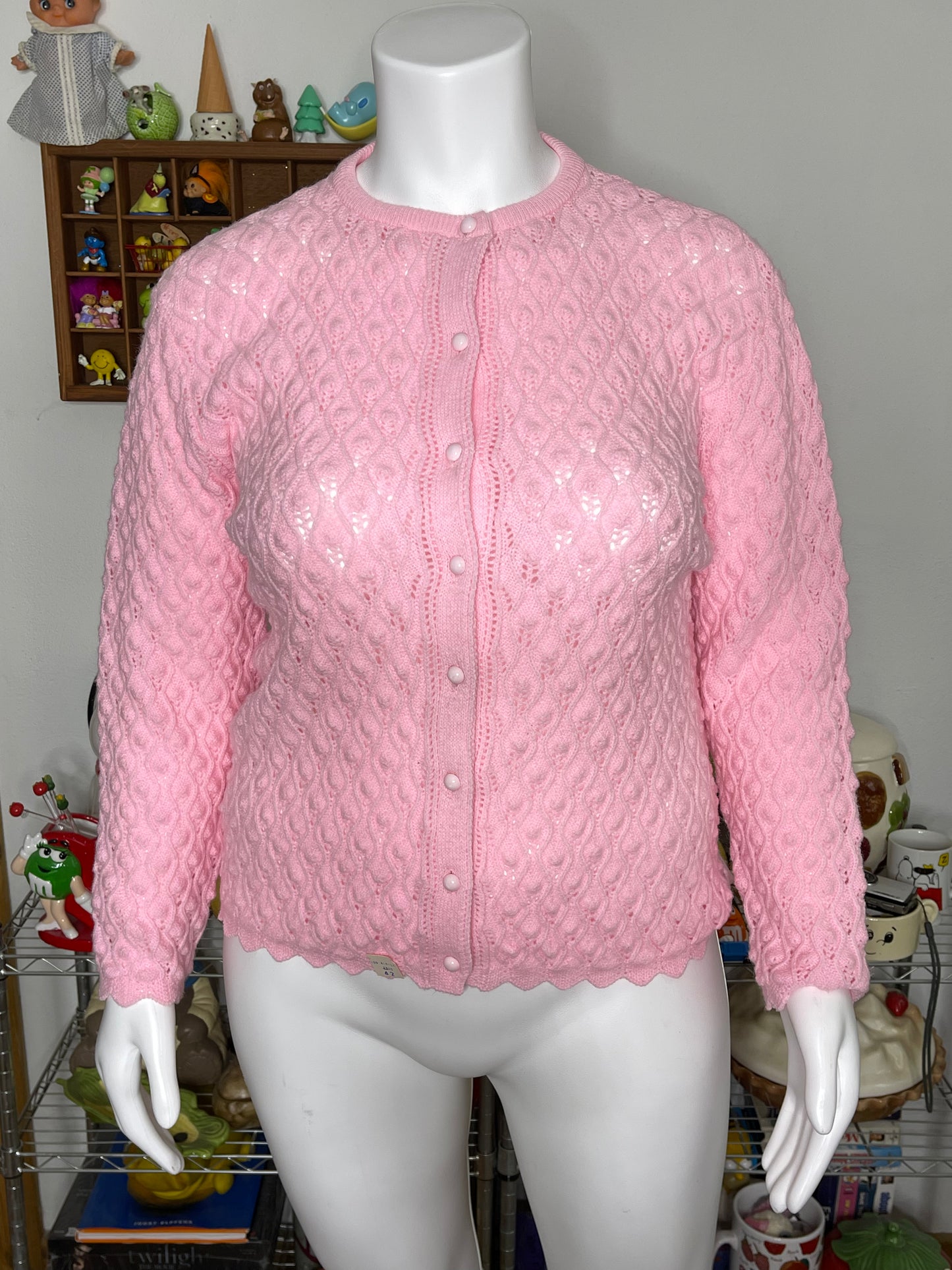 Vintage Deadstock 70s Baby Pink Textured Knit Cardigan Sz L/XL
