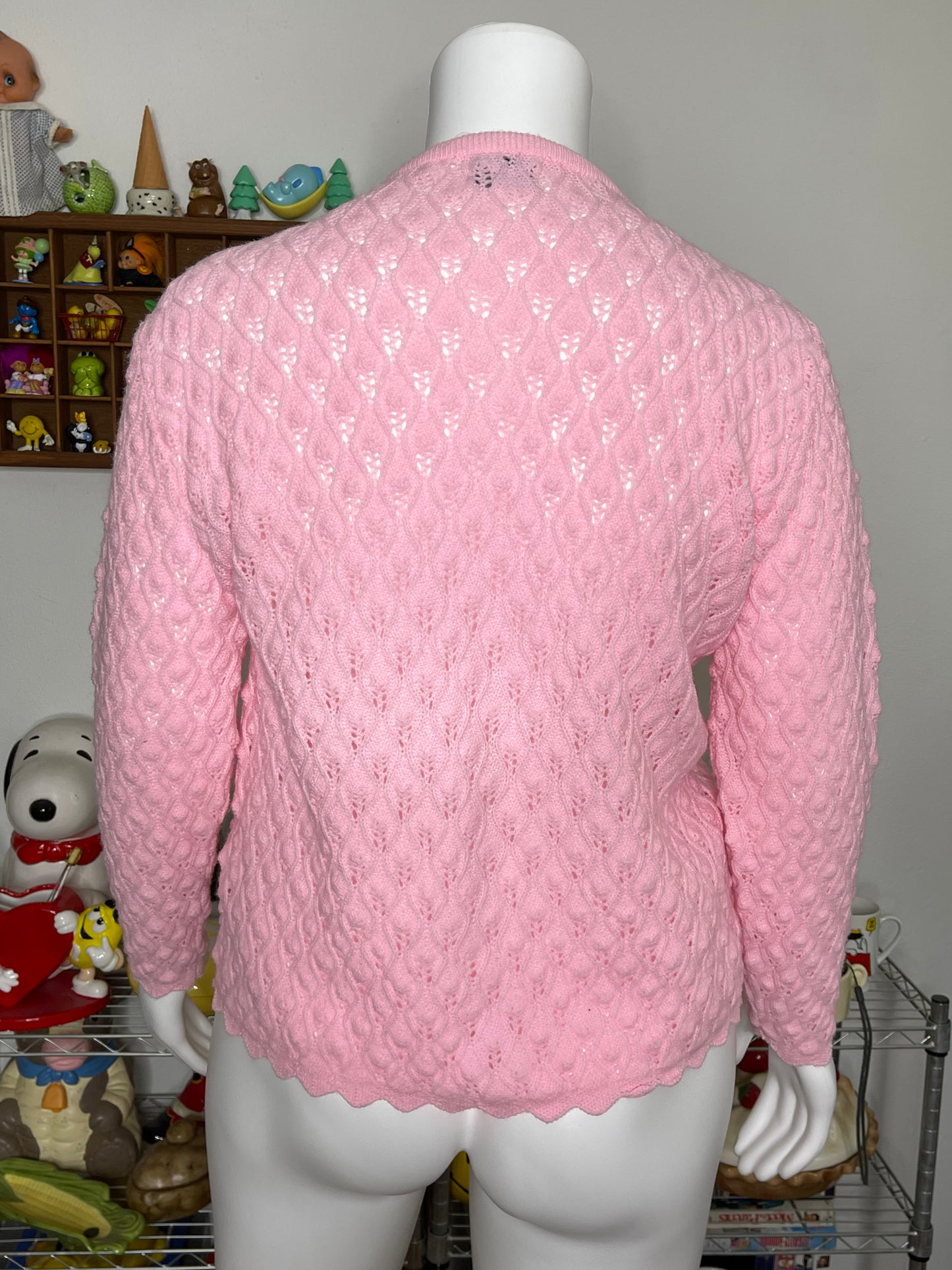 Vintage Deadstock 70s Baby Pink Textured Knit Cardigan Sz L/XL