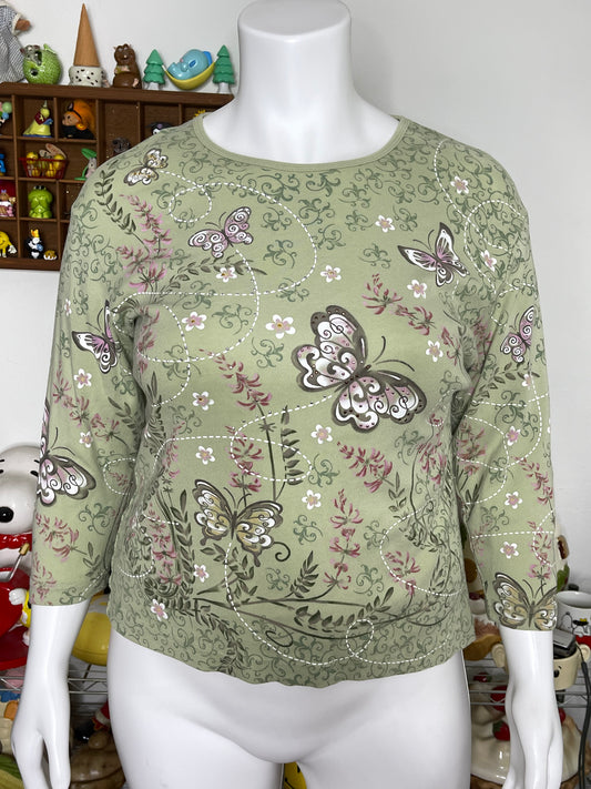 2000s Butterflies Floral All Over Print 3/4 Sleeve Top Sz 2X