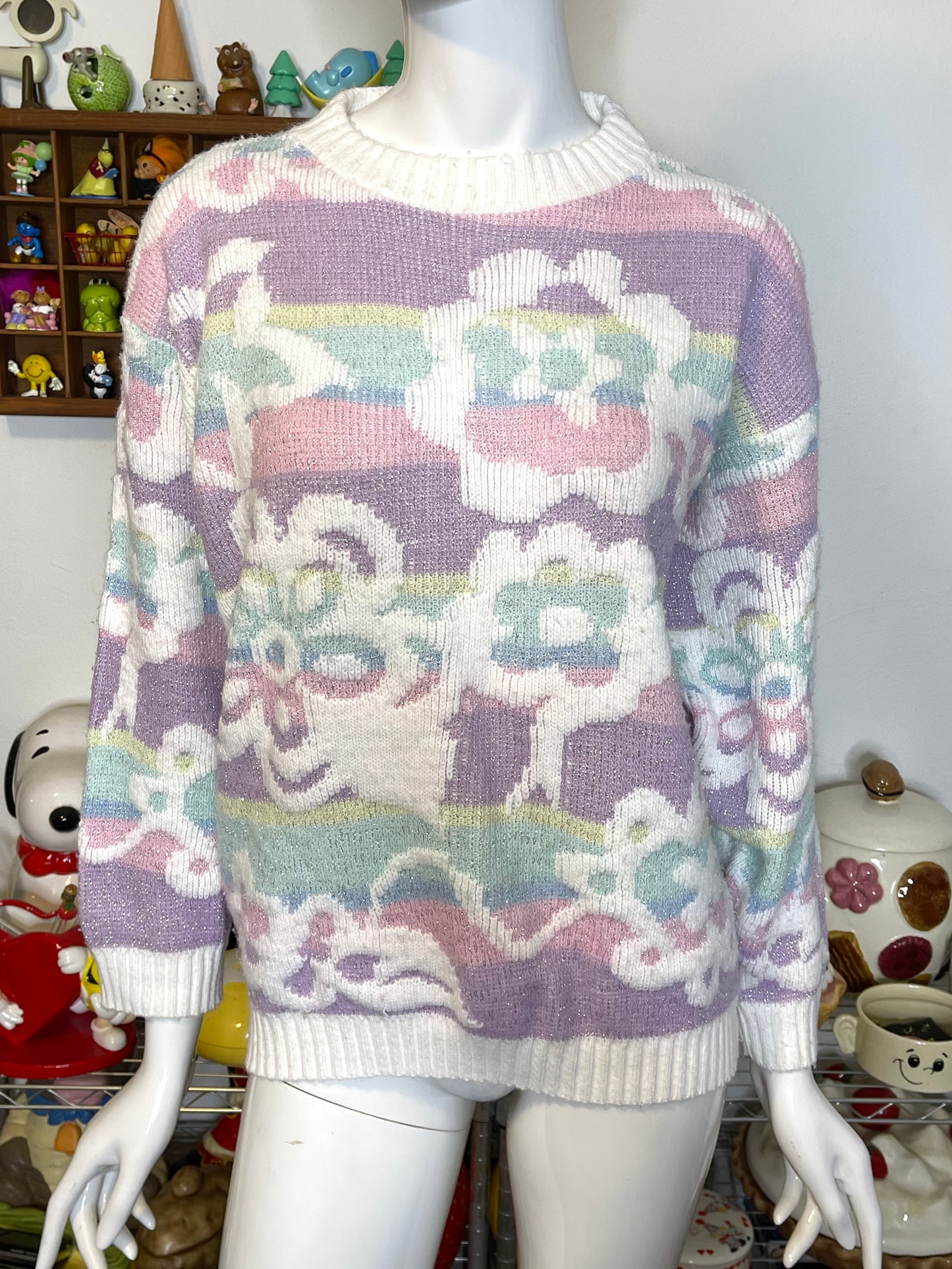 Vintage 90s Rainbow Pastel Flower Knit Sweater Sz M/P