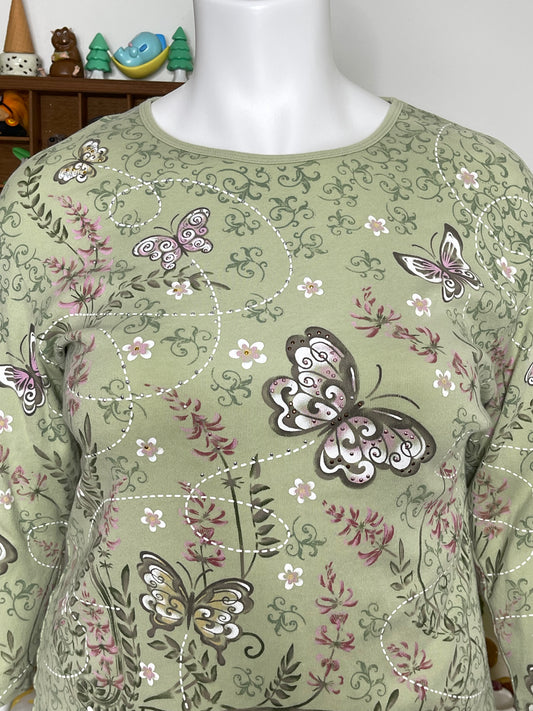 2000s Butterflies Floral All Over Print 3/4 Sleeve Top Sz 2X