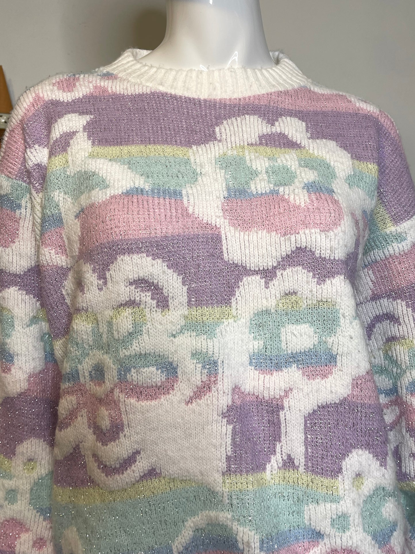 Vintage 90s Rainbow Pastel Flower Knit Sweater Sz M/P