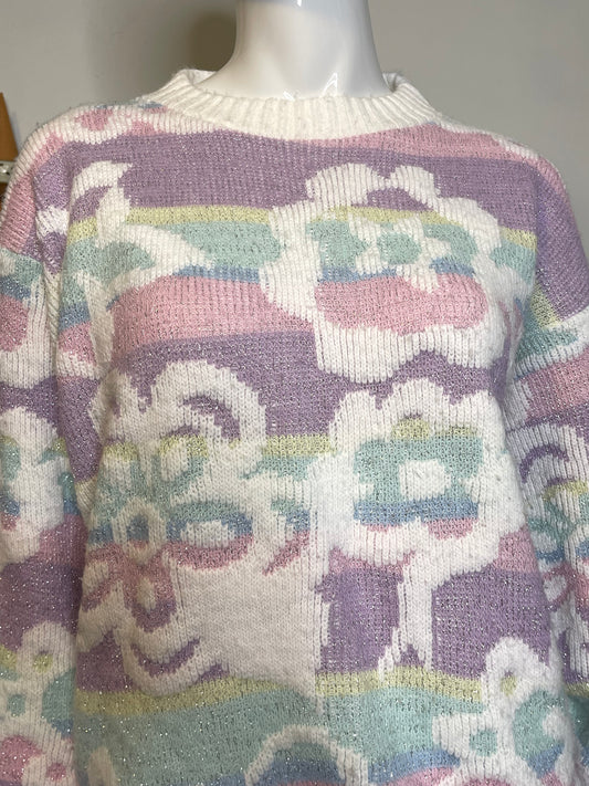 Vintage 90s Rainbow Pastel Flower Knit Sweater Sz M/P