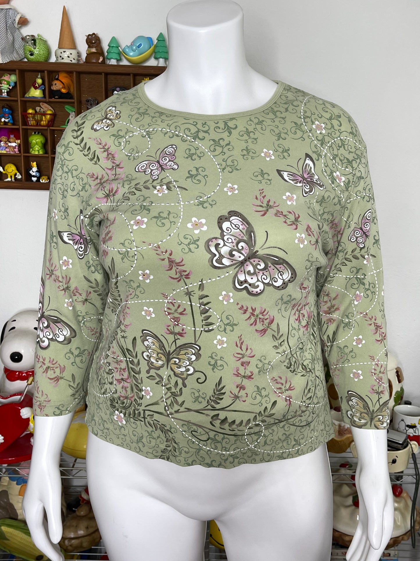 2000s Butterflies Floral All Over Print 3/4 Sleeve Top Sz 2X