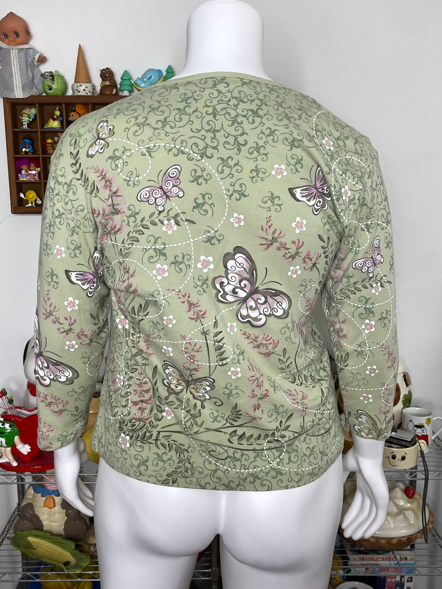 2000s Butterflies Floral All Over Print 3/4 Sleeve Top Sz 2X