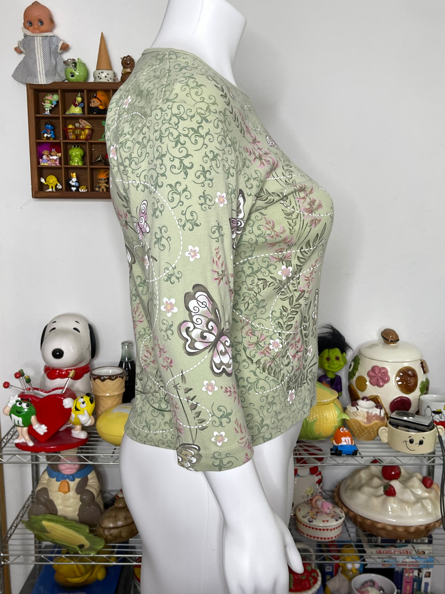 2000s Butterflies Floral All Over Print 3/4 Sleeve Top Sz 2X