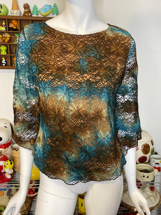 2000s Teal & Brown Floral Tie-dye Fairy Top Sz M/L