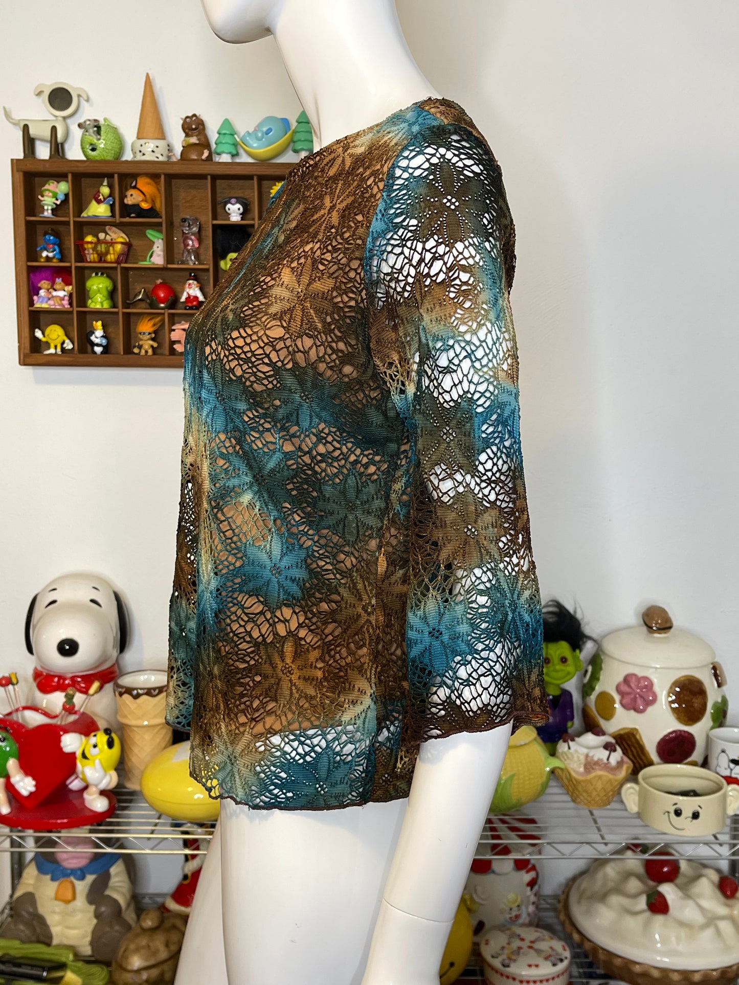 2000s Teal & Brown Floral Tie-dye Fairy Top Sz M/L