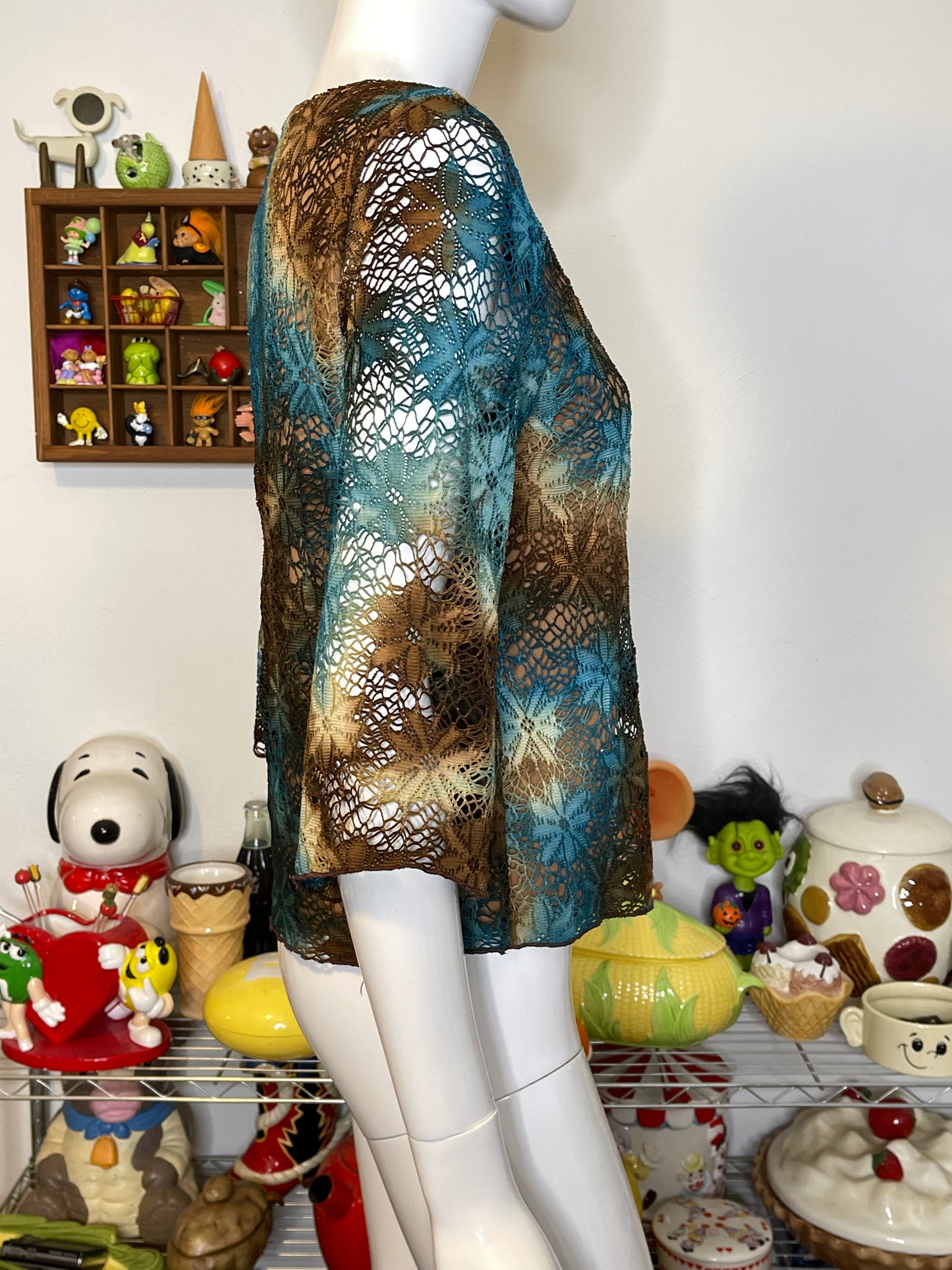 2000s Teal & Brown Floral Tie-dye Fairy Top Sz M/L