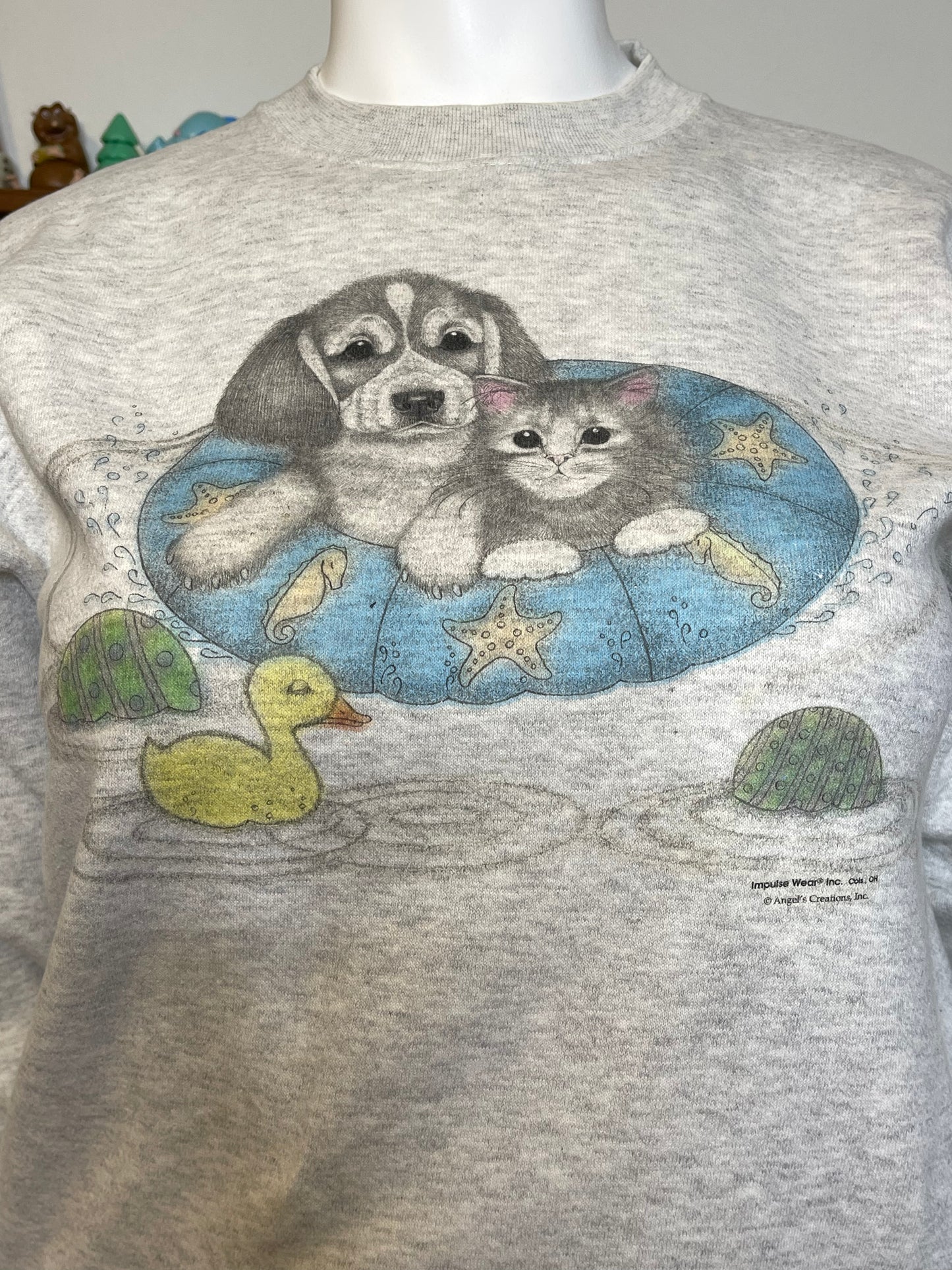 Vintage Puppy & Kitty Floaty Graphic Sweater Sz L