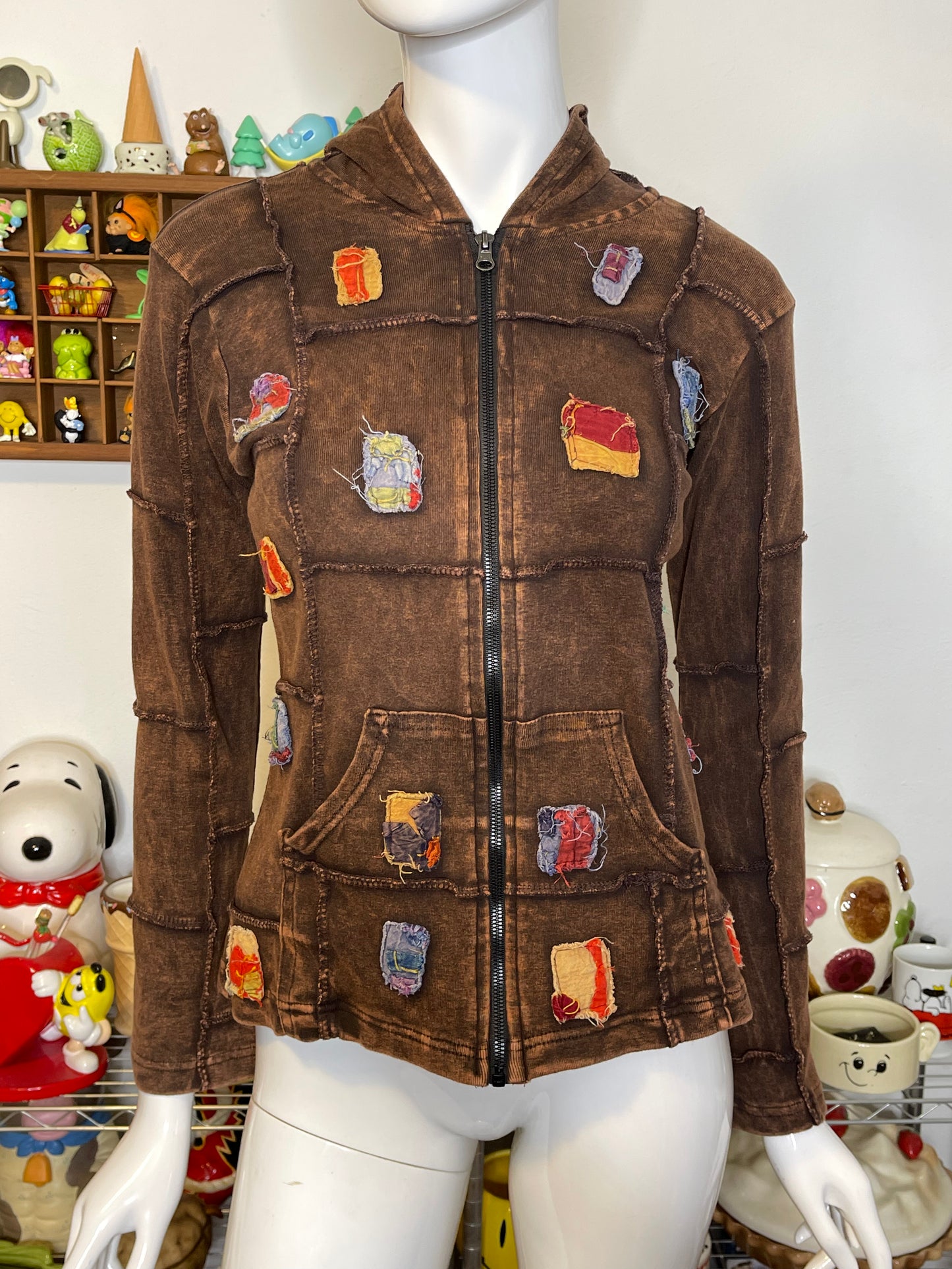 Brown Acid Wash Patchwork Elf Hood Hoodie Sz M