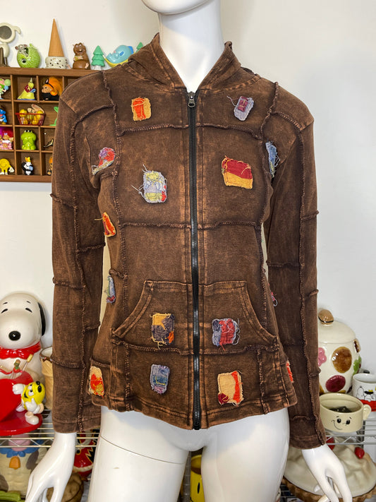 Brown Acid Wash Patchwork Elf Hood Hoodie Sz M