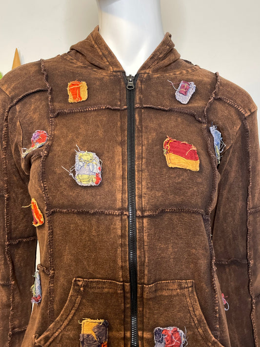 Brown Acid Wash Patchwork Elf Hood Hoodie Sz M