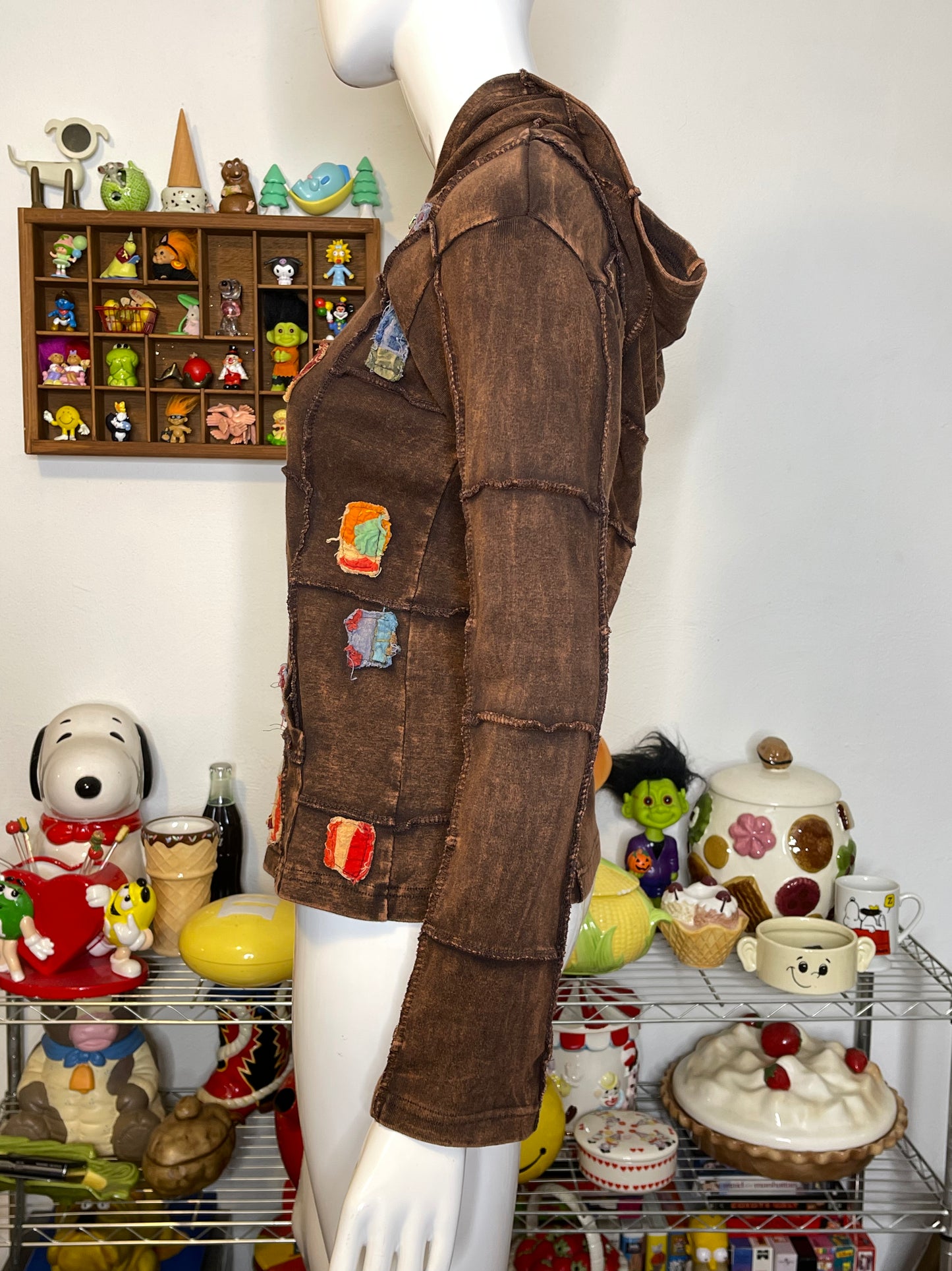 Brown Acid Wash Patchwork Elf Hood Hoodie Sz M