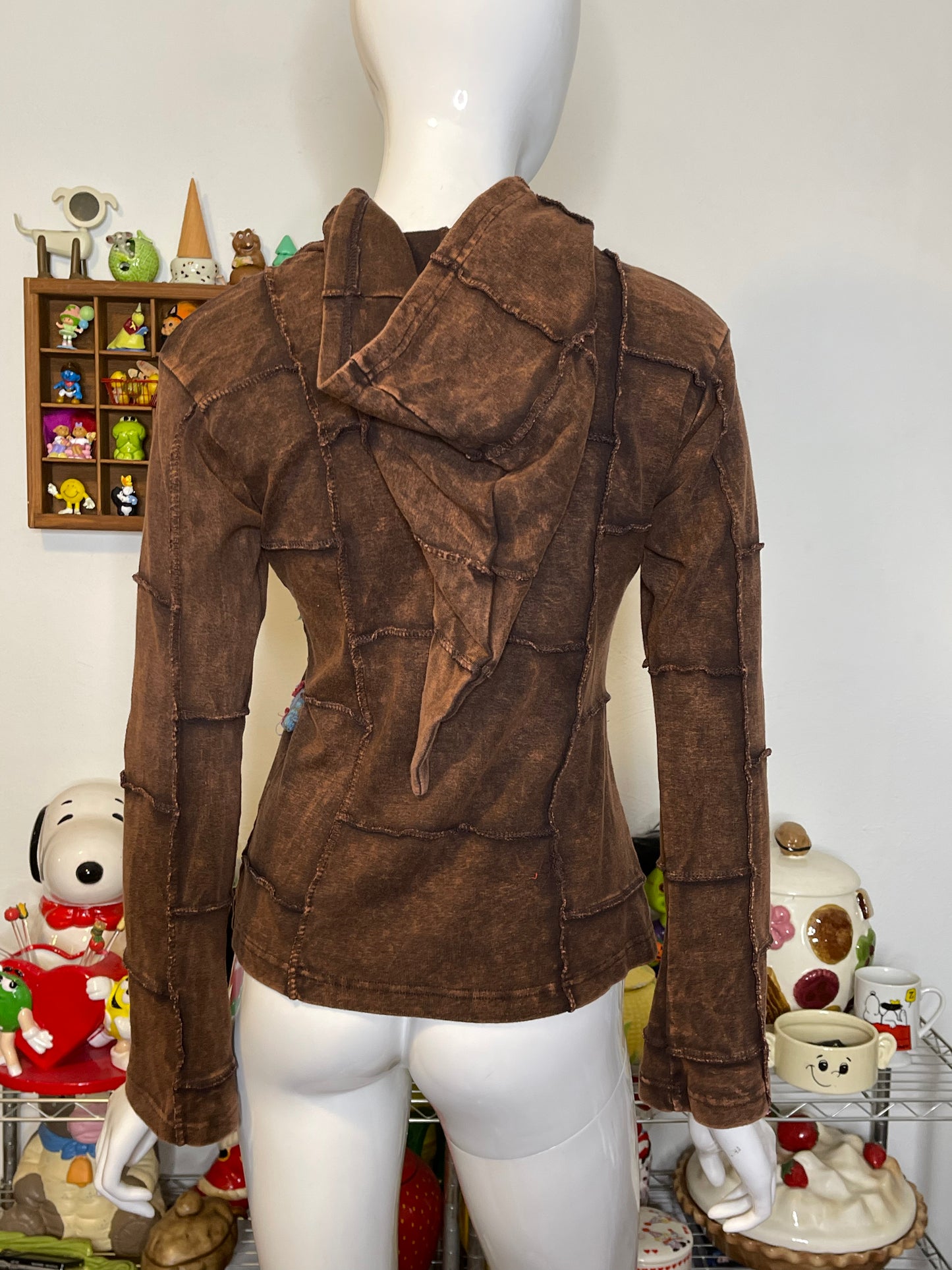 Brown Acid Wash Patchwork Elf Hood Hoodie Sz M