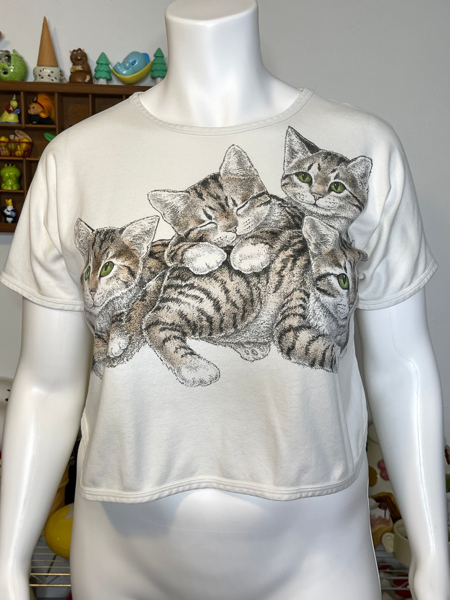 Vintage 90s Boxy Fit Kittens Graphic Cropped Tee Sz L/XL