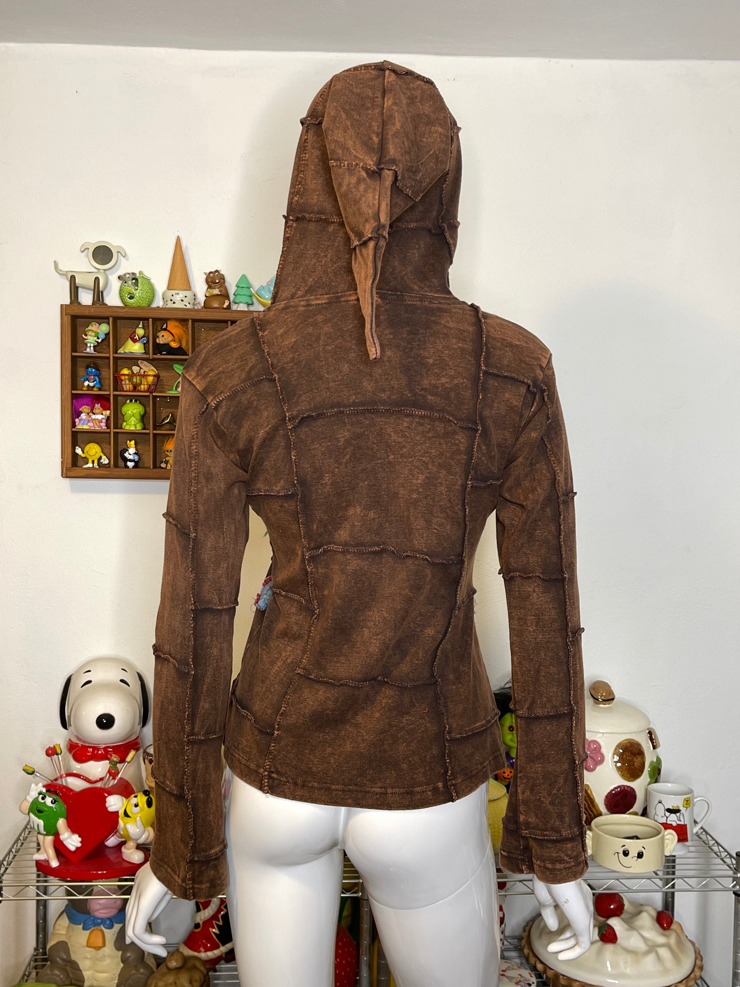 Brown Acid Wash Patchwork Elf Hood Hoodie Sz M