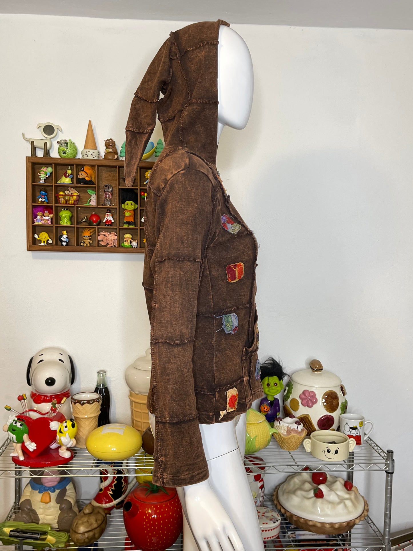 Brown Acid Wash Patchwork Elf Hood Hoodie Sz M