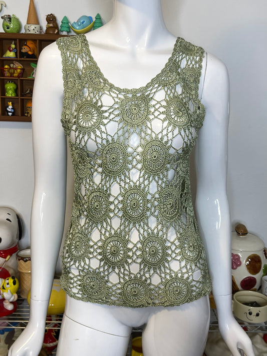 Vintage 2000s Boho Green Crochet Tank Top Sz S