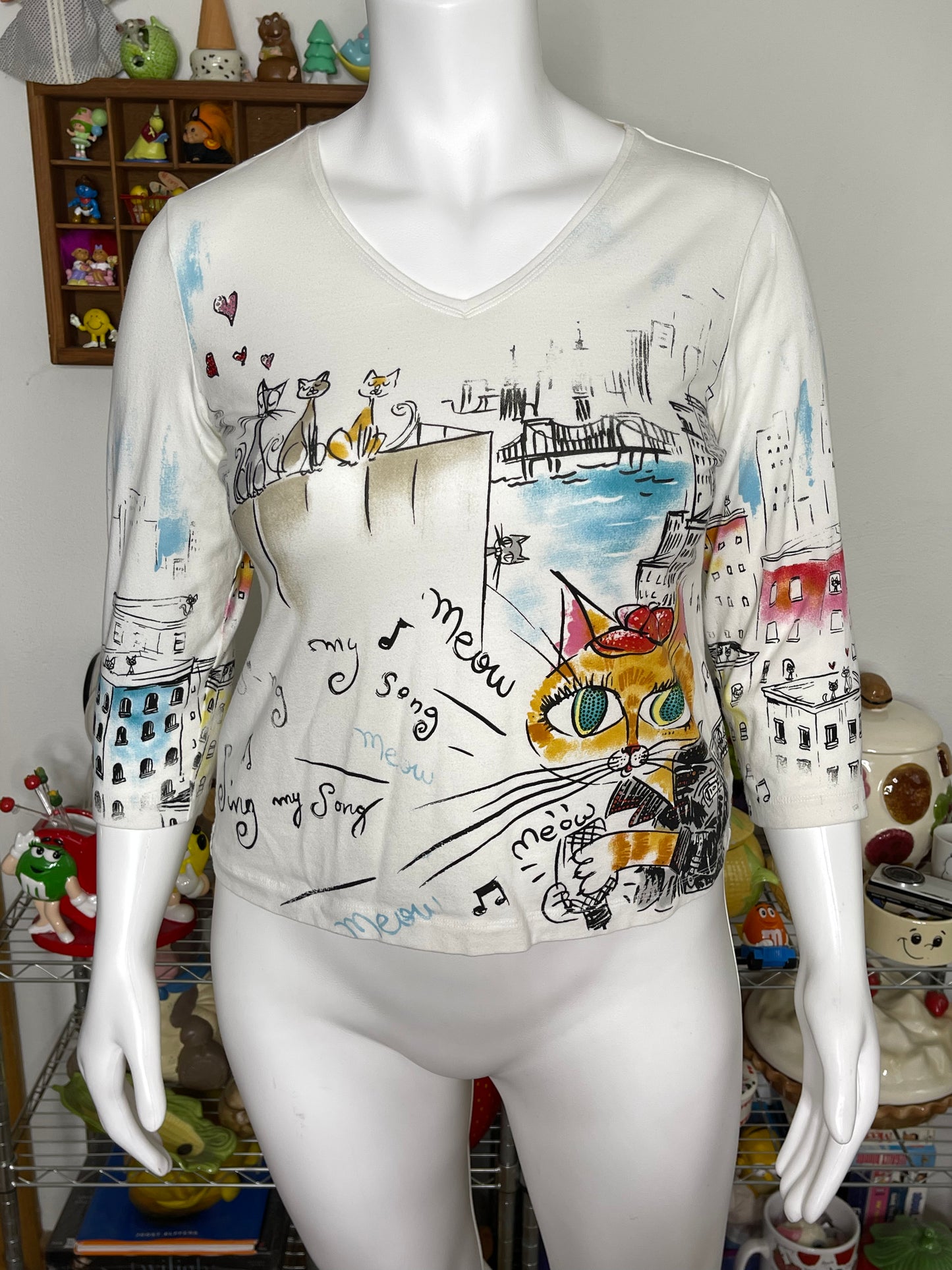 Bedazzled Cat Concert All Over Graphic 3/4 Sleeve Top Sz XL/XXL