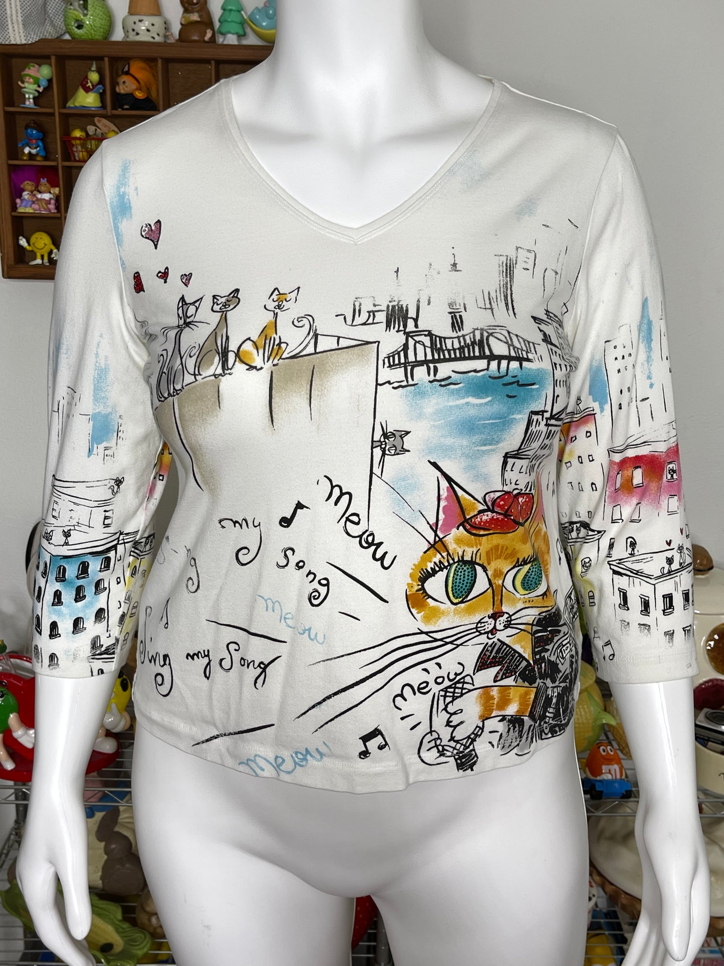Bedazzled Cat Concert All Over Graphic 3/4 Sleeve Top Sz XL/XXL