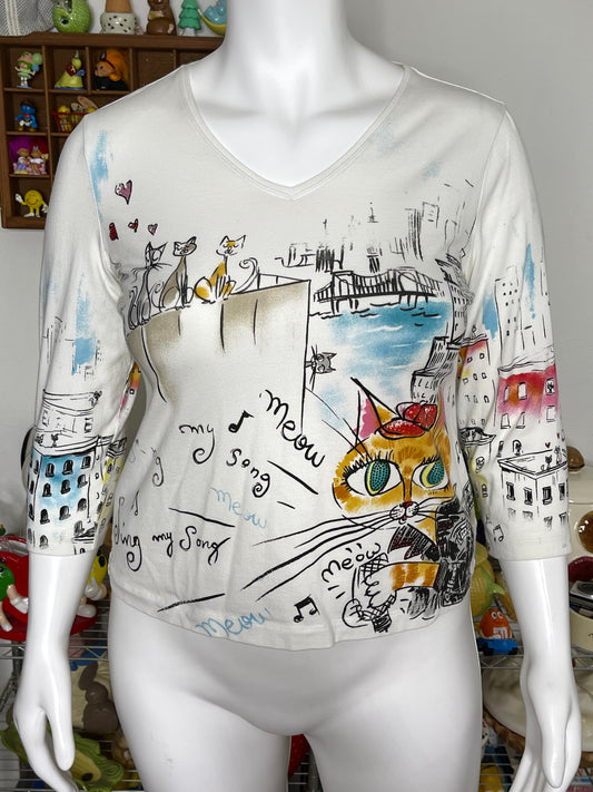 Bedazzled Cat Concert All Over Graphic 3/4 Sleeve Top Sz XL/XXL