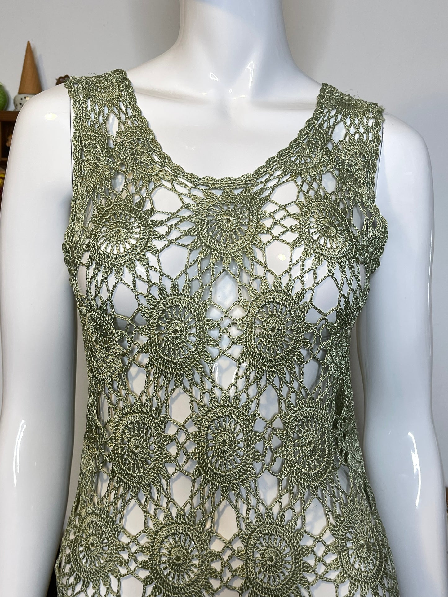 Vintage 2000s Boho Green Crochet Tank Top Sz S