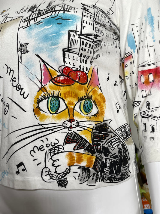 Bedazzled Cat Concert All Over Graphic 3/4 Sleeve Top Sz XL/XXL