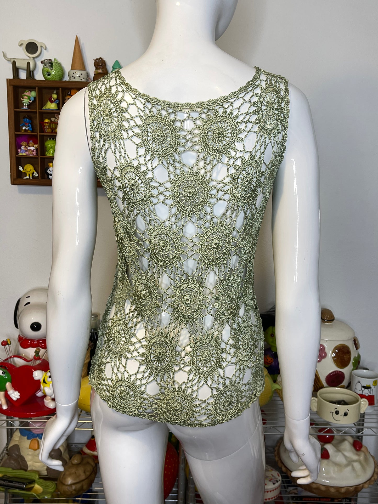 Vintage 2000s Boho Green Crochet Tank Top Sz S