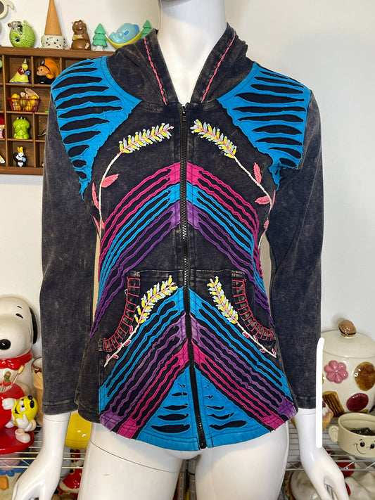 Colorful Acid Wash Distressed Hippie Boho Style Zip-Up Hoodie Sz M
