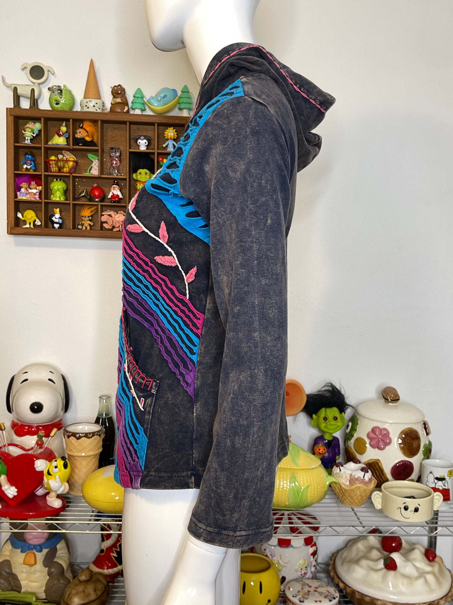 Colorful Acid Wash Distressed Hippie Boho Style Zip-Up Hoodie Sz M