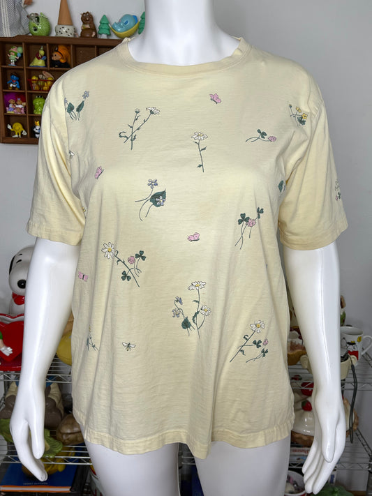 Vintage Nature Flower Print Pale Yellow Graphic Tee Sz L