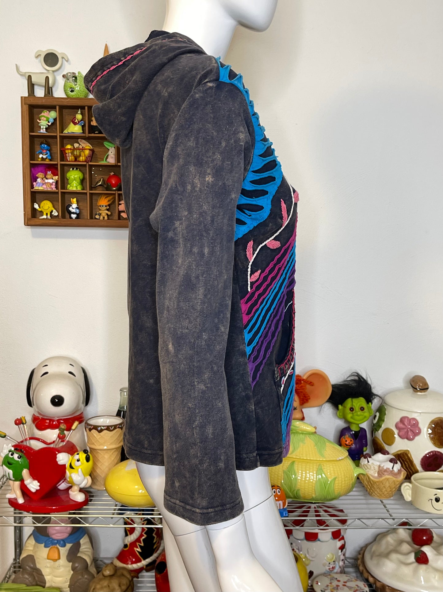 Colorful Acid Wash Distressed Hippie Boho Style Zip-Up Hoodie Sz M