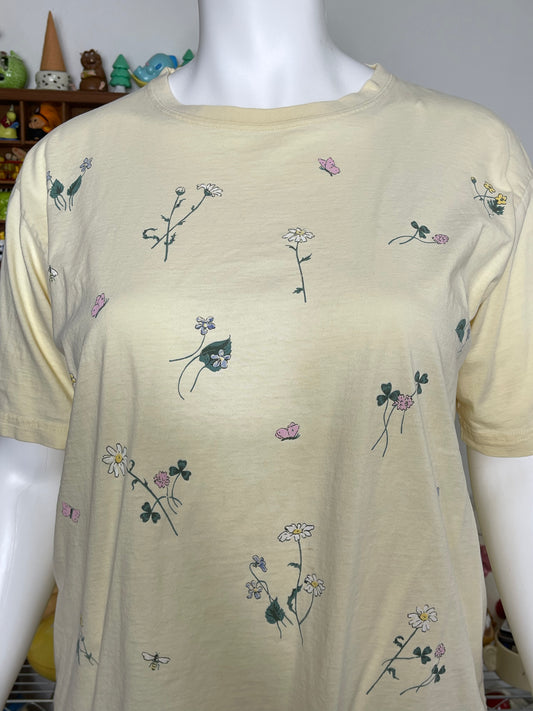 Vintage Nature Flower Print Pale Yellow Graphic Tee Sz L