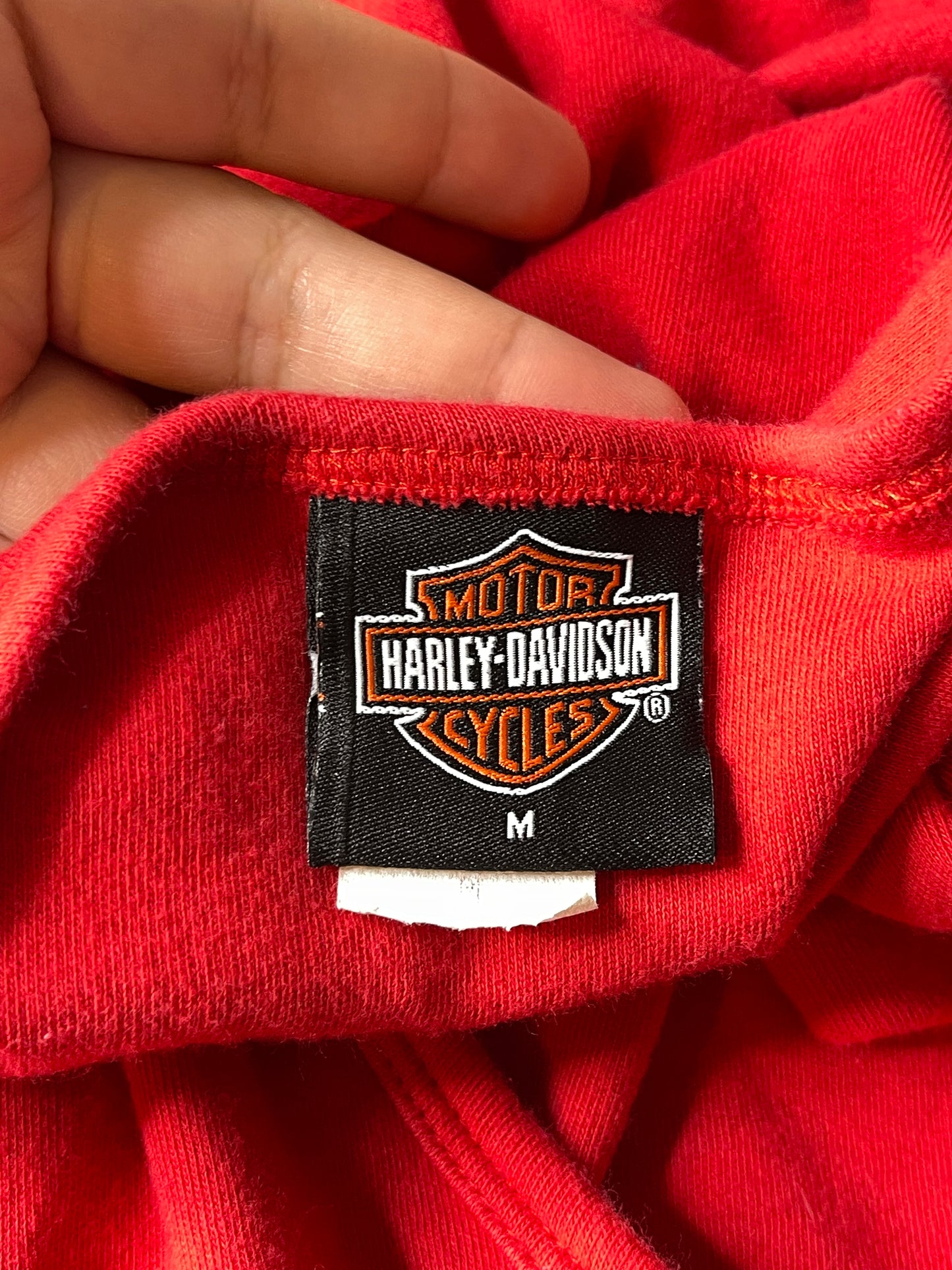 2000s Red Glitter Graphic Harley Davidson V-Neck Top Sz M/L