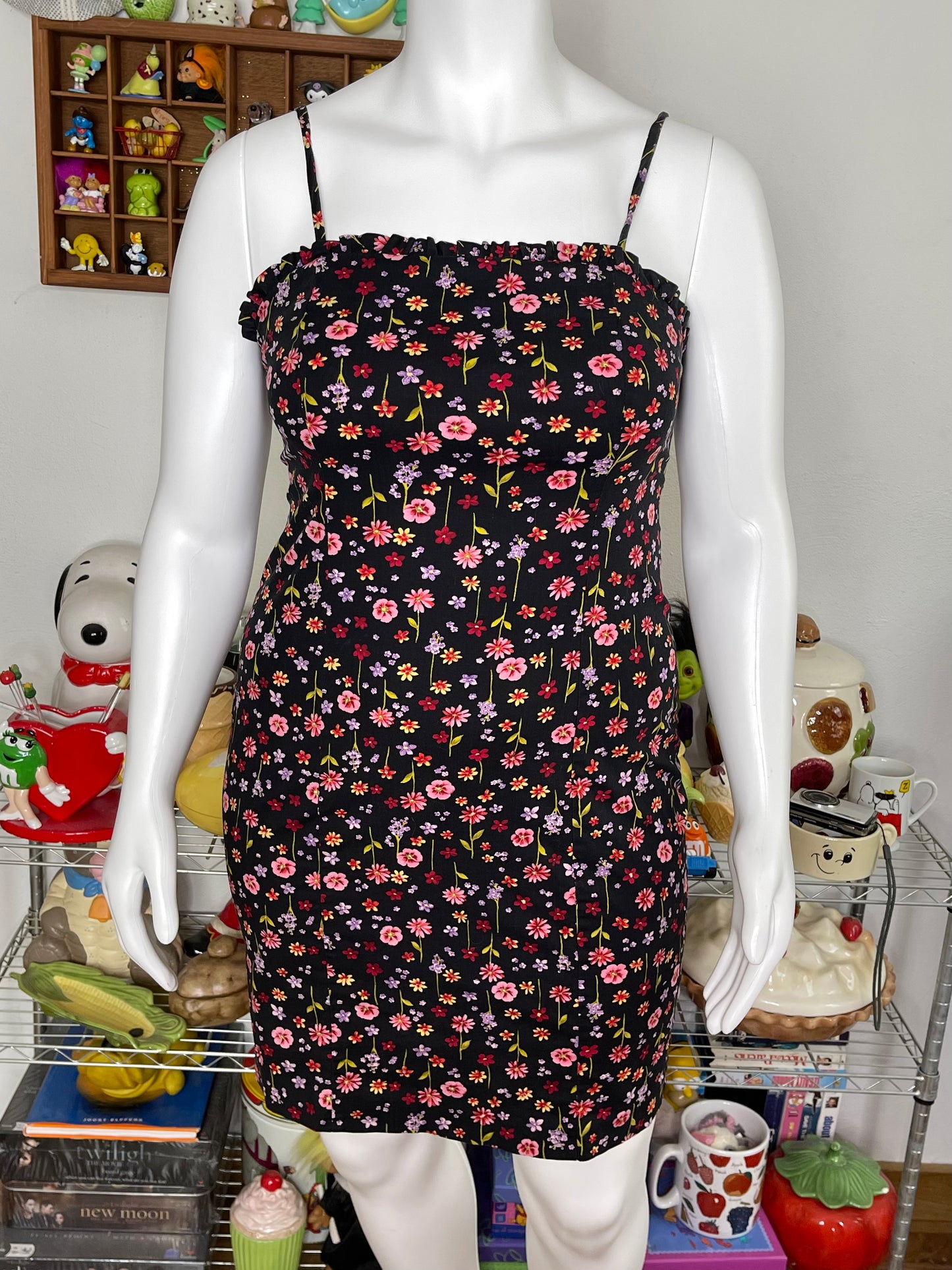 Vintage Black Flower Print Spring Dress Sz L