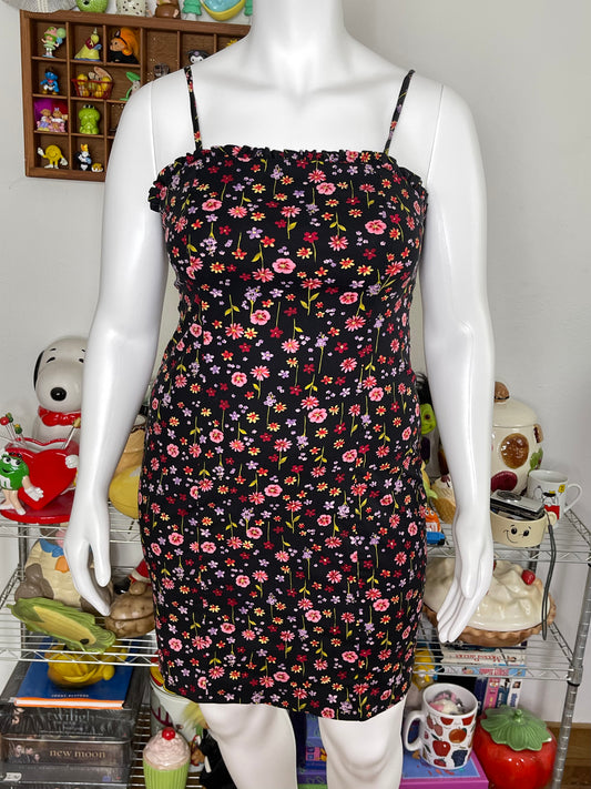 Vintage Black Flower Print Spring Dress Sz L