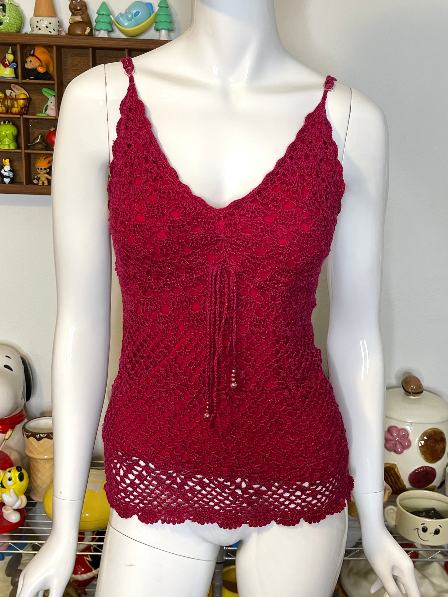 2000s Dark Hot Pink Beaded Crochet Tank Top Sz M