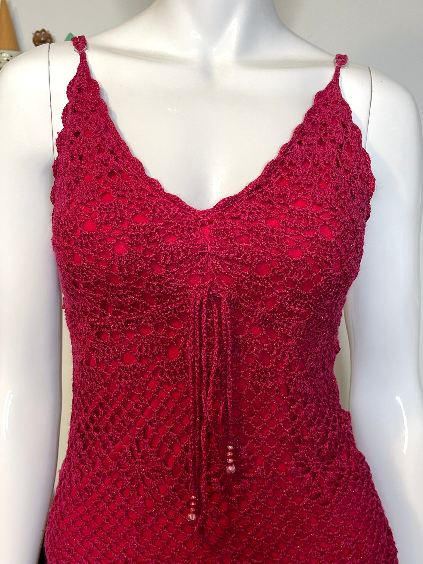 2000s Dark Hot Pink Beaded Crochet Tank Top Sz M