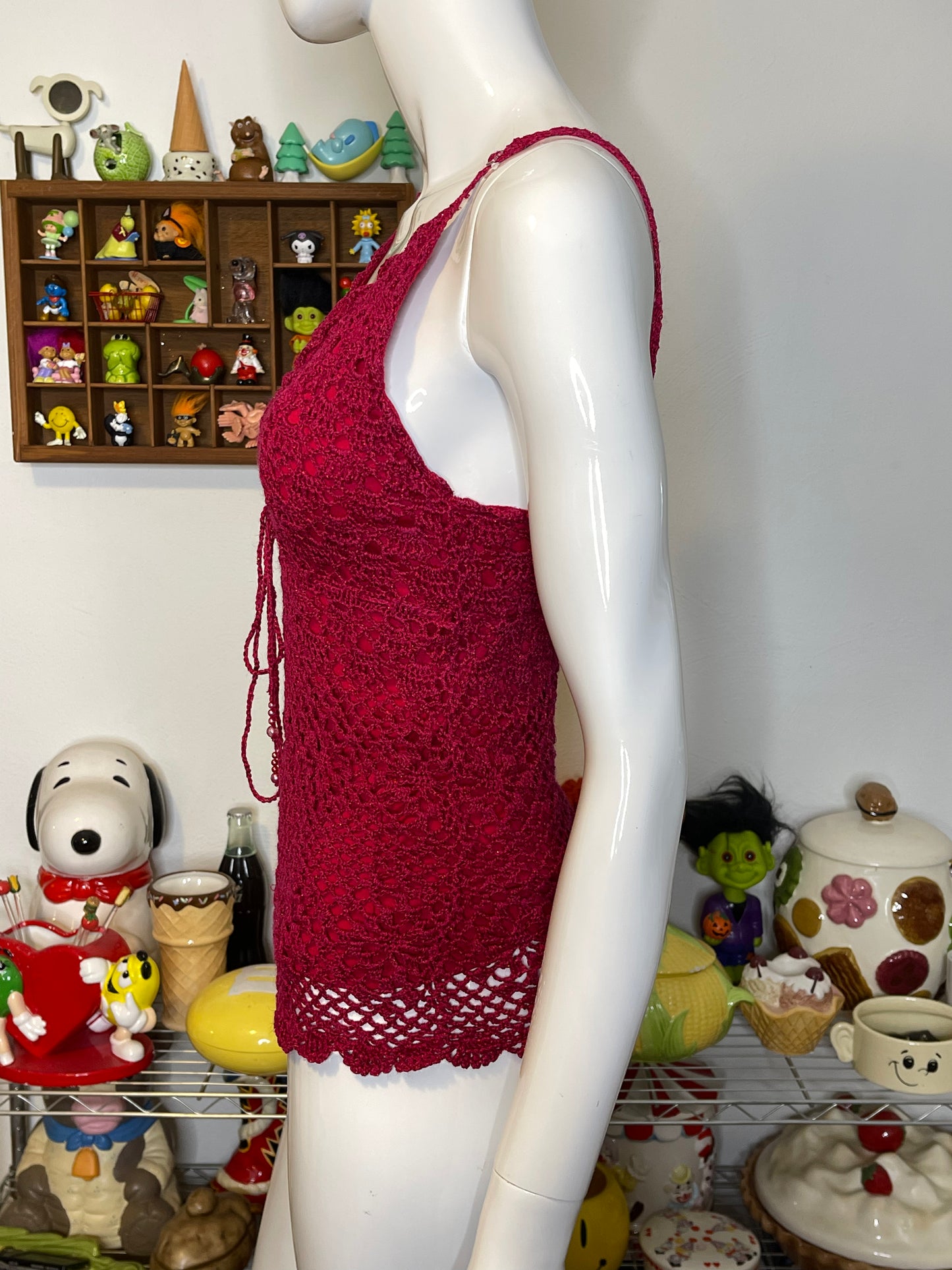 2000s Dark Hot Pink Beaded Crochet Tank Top Sz M