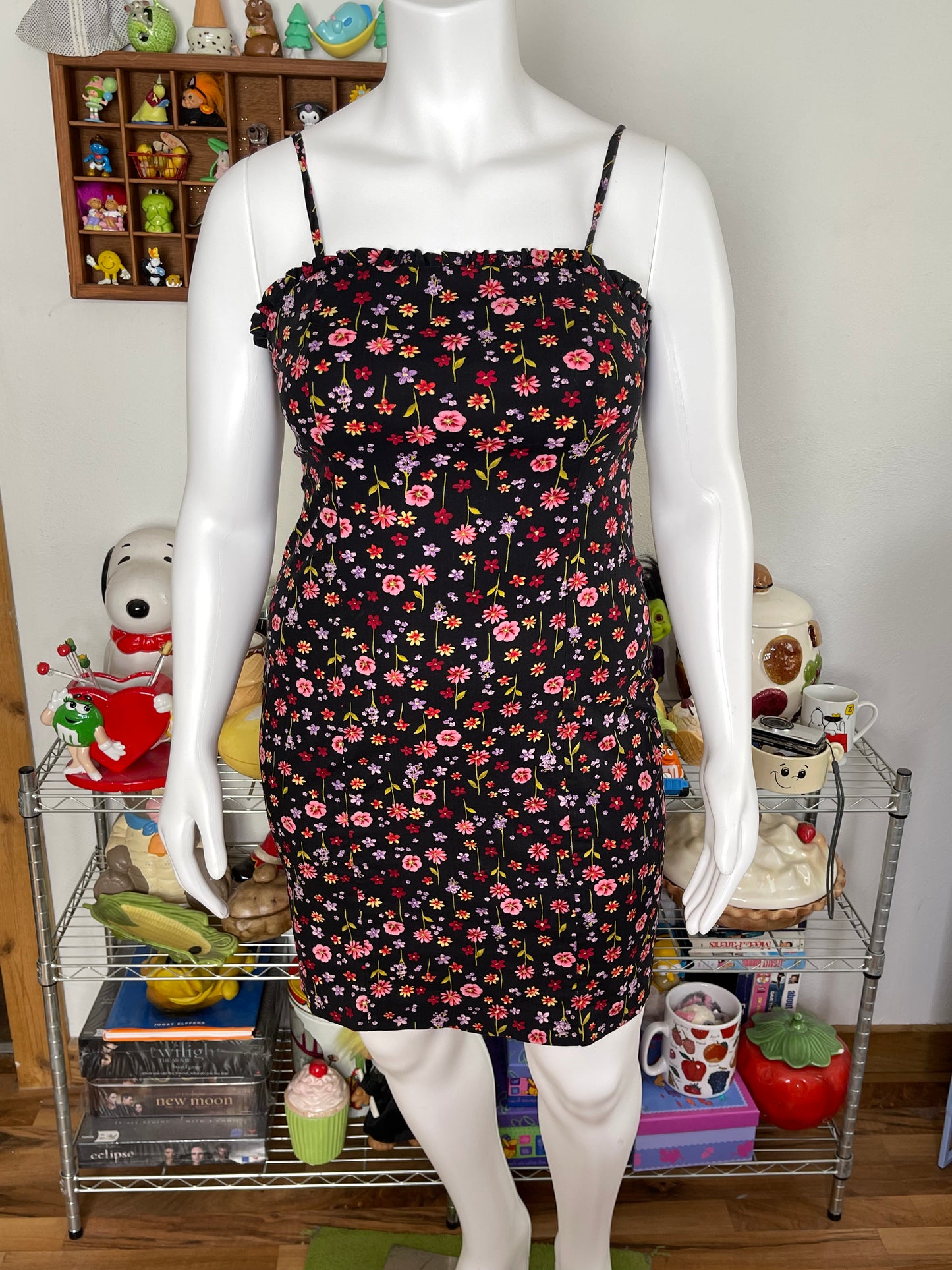 Vintage Black Flower Print Spring Dress Sz L