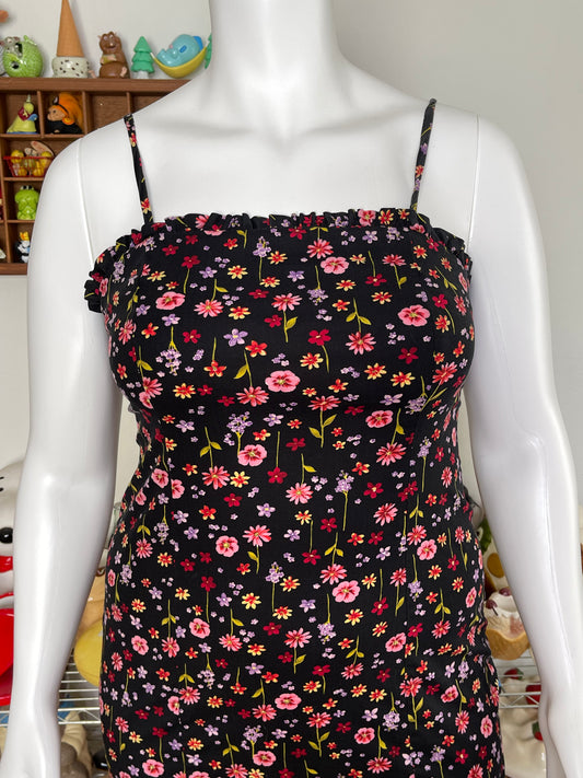 Vintage Black Flower Print Spring Dress Sz L