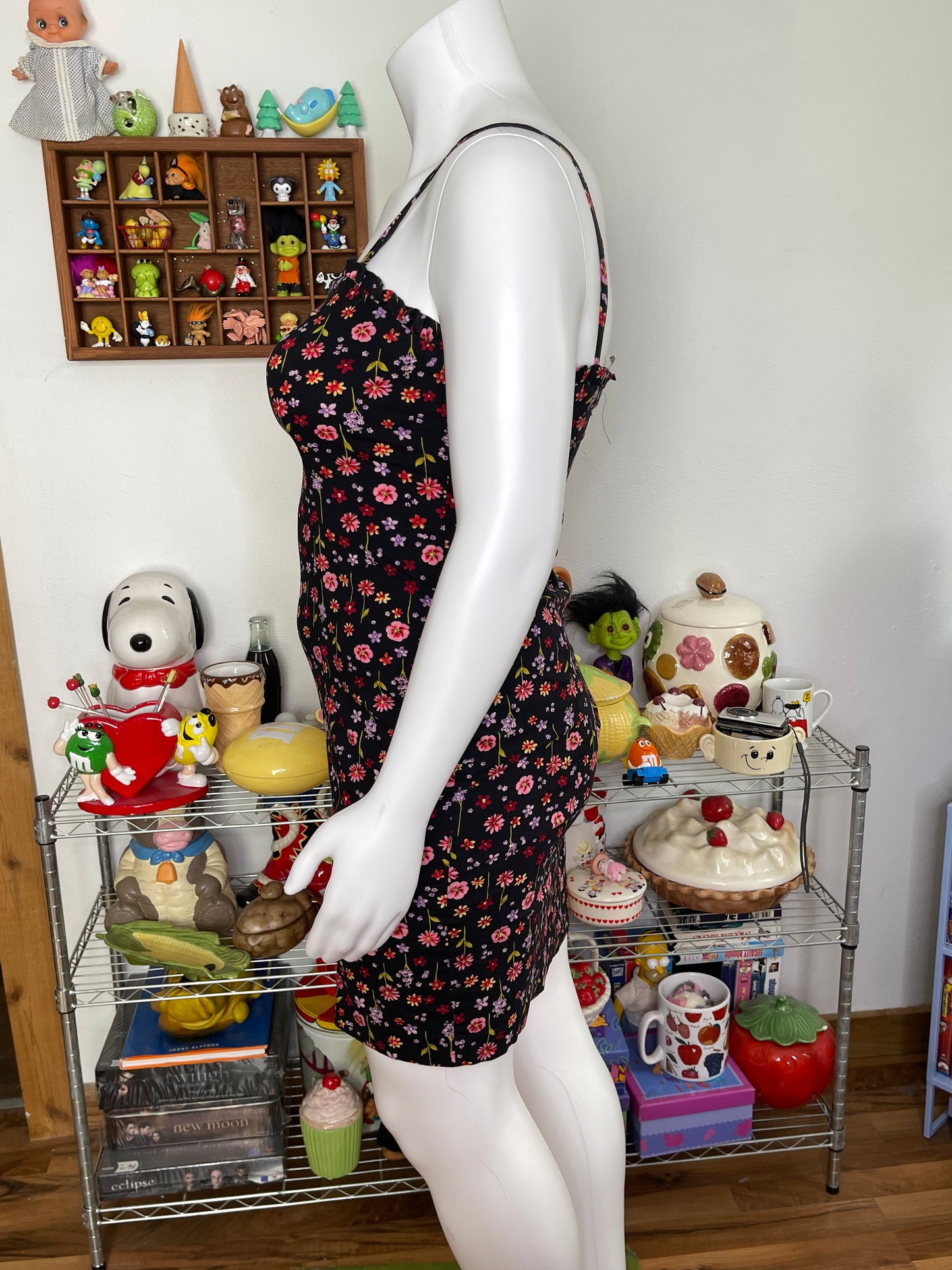 Vintage Black Flower Print Spring Dress Sz L